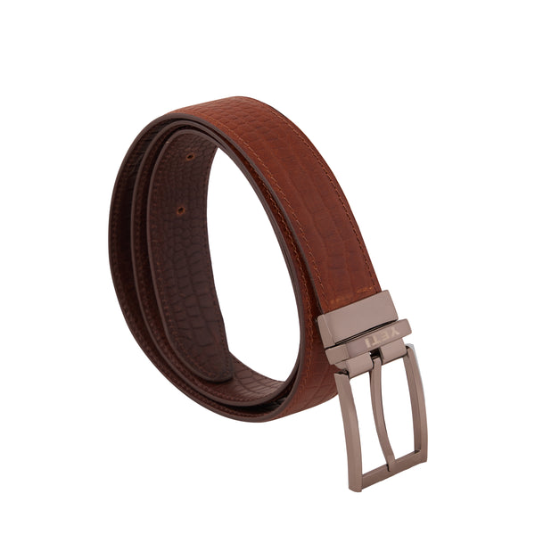 Genuine Full Grain Leather Belt - Crocodile Print - Tan / Brown Reversible - 1711TNBR