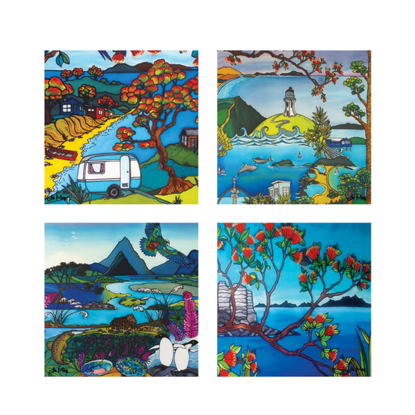 Jo May Ceramic Square Coasters Colourful NZ Landscapes