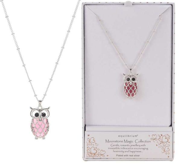 Equilibrium Necklace Silver Plated - Pink Moonstone Owl