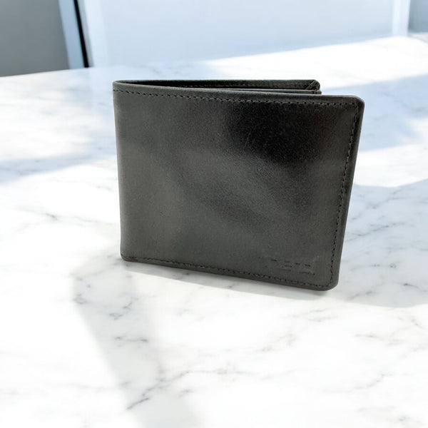 Men's Genuine Leather Bi Fold Wallet with ID Card and Coin Pocket - Black