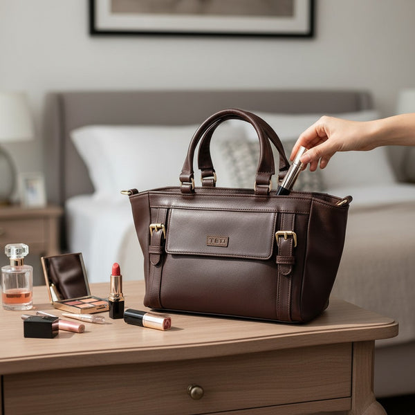 Woman's Genuine Leather Classic Handbag - Cognac
