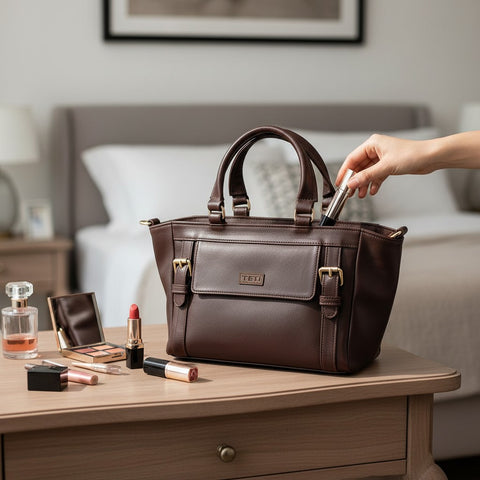 Woman's Genuine Leather Classic Handbag - Cognac