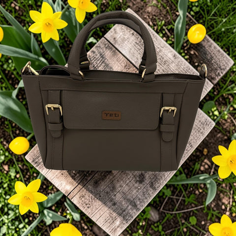 Woman's Genuine Leather Classic Handbag - Grey