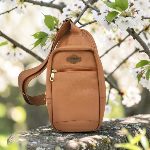 Woman's Genuine Leather Crossbody Sling Bag - Tan