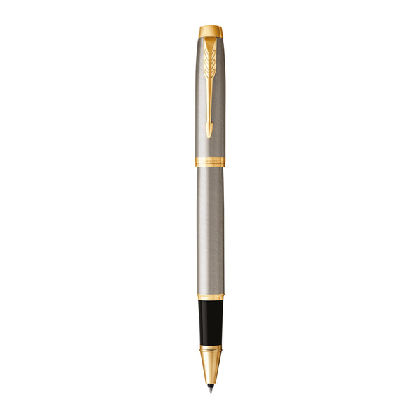 Personalised Parker IM Brushed Metal Gold Trim Rollerball Pen