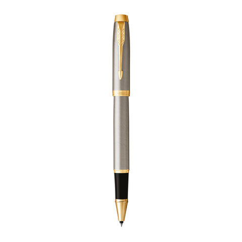 Personalised Parker IM Brushed Metal Gold Trim Rollerball Pen