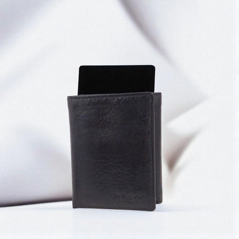 Men's Genuine Leather Tri Fold Wallet - Black