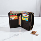 Woman’s Genuine Leather Bi Fold Zip Around Wallet - Black With Crocodile Tab
