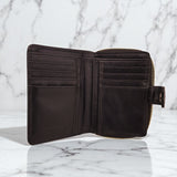 Woman’s Genuine Leather Bi Fold Zip Around Wallet - Black With Crocodile Tab