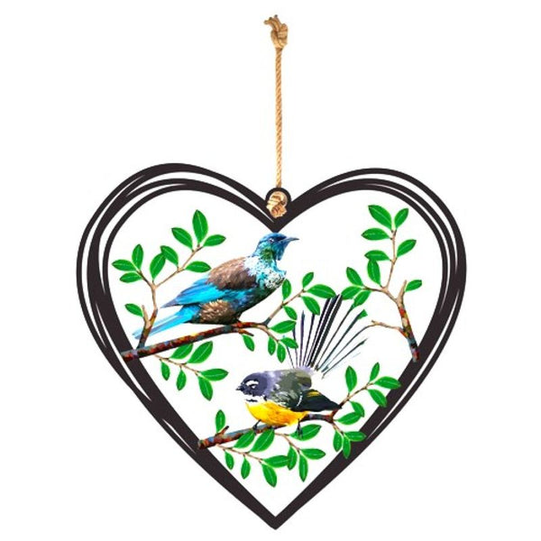 Colourful Metal Birds Small Hanging Hearts - Tui and Fantail