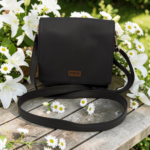 Woman's Genuine Leather Square Flap Crossbody Bag - Black