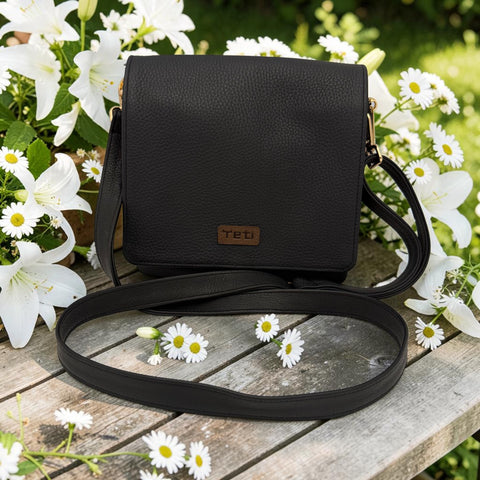Woman's Genuine Leather Square Flap Crossbody Bag - Black