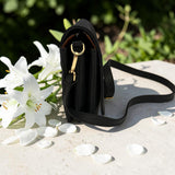 Woman's Genuine Leather Square Flap Crossbody Bag - Black