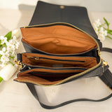 Woman's Genuine Leather Square Flap Crossbody Bag - Black