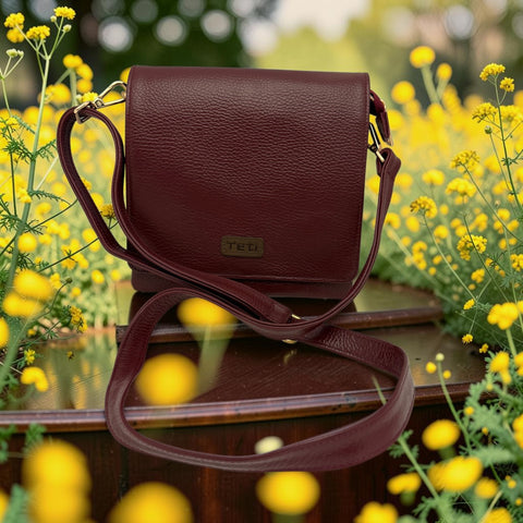 Woman's Genuine Leather Square Flap Crossbody Bag - Cognac