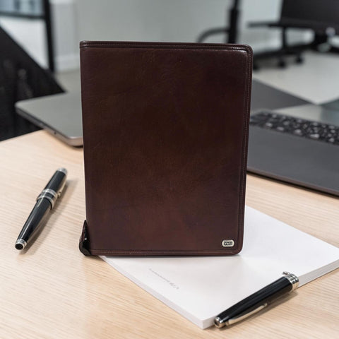 Genuine Leather Zip Around A4 Portfolio - Cognac