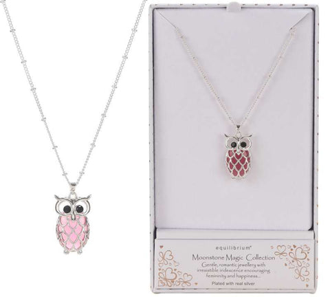 Equilibrium Necklace Silver Plated - Pink Moonstone Owl