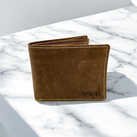 Men's Genuine Leather Bi Fold Wallet with ID Card and Coin Pocket - Crazy Brown