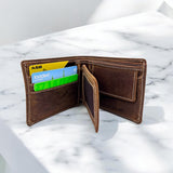 Men's Genuine Leather Bi Fold Wallet with ID Card and Coin Pocket - Crazy Brown