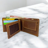 Men's Genuine Leather Bi Fold Wallet with ID Card and Coin Pocket - Crazy Brown
