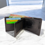 Men's Genuine Leather Bi Fold Wallet with ID Card and Coin Pocket - Black