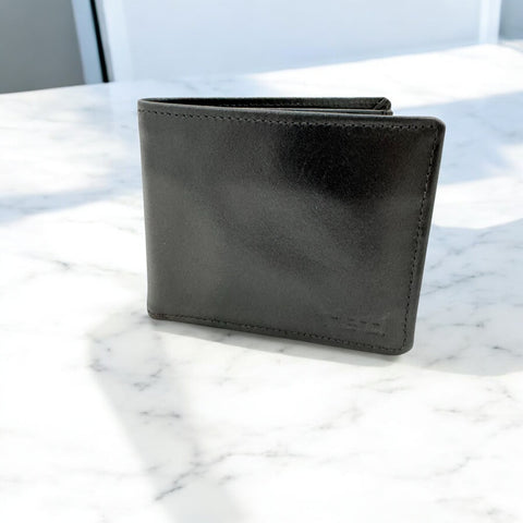 Men's Genuine Leather Bi Fold Wallet with ID Card and Coin Pocket - Black