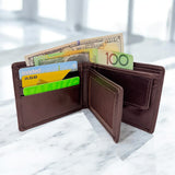 Men's Genuine Leather Bi Fold Wallet with ID Card and Coin Pocket - Brown
