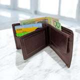 Men's Genuine Leather Bi Fold Wallet with ID Card and Coin Pocket - Brown