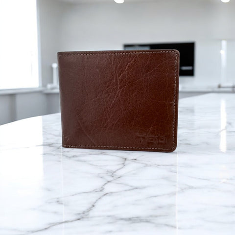 Men's Genuine Leather Bi Fold Wallet with ID Card and Coin Pocket - Cognac