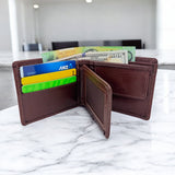 Men's Genuine Leather Bi Fold Wallet with ID Card and Coin Pocket - Cognac