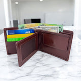 Men's Genuine Leather Bi Fold Wallet with ID Card and Coin Pocket - Cognac