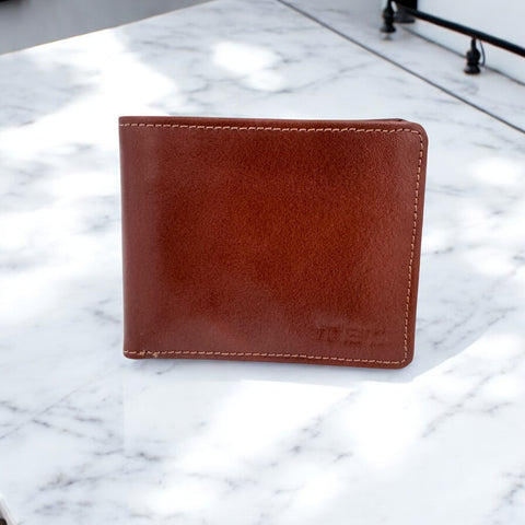 Men's Genuine Leather Bi Fold Wallet with ID Card and Coin Pocket - Tan
