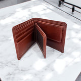 Men's Genuine Leather Bi Fold Wallet with ID Card and Coin Pocket - Tan