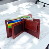 Men's Genuine Leather Bi Fold Wallet with ID Card and Coin Pocket - Tan