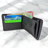 Men's Genuine Leather Classic Bi Fold Wallet with Coin Pocket - Black