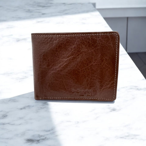 Men's Genuine Leather Classic Bi Fold Wallet with Coin Pocket - Cognac