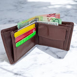Men's Genuine Leather Classic Bi Fold Wallet with Coin Pocket - Cognac