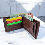 Men's Genuine Leather Classic Bi Fold Wallet with Coin Pocket - Cognac