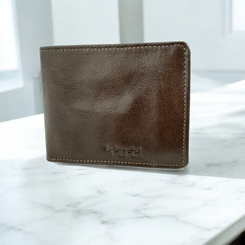 Men's Genuine Leather Classic Bi Fold Wallet with Coin Pocket - Brown