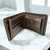 Men's Genuine Leather Classic Bi Fold Wallet with Coin Pocket - Brown