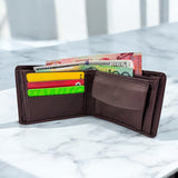 Men's Genuine Leather Classic Bi Fold Wallet with Coin Pocket - Brown