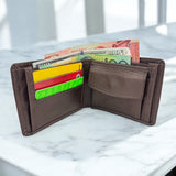 Men's Genuine Leather Classic Bi Fold Wallet with Coin Pocket - Brown