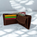 Men's Genuine Leather Classic Bi Fold Wallet with Coin Pocket - Crazy Brown