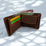 Men's Genuine Leather Classic Bi Fold Wallet with Coin Pocket - Crazy Brown