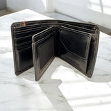 Men's Genuine Leather Classic Bi Fold Card Wallet - Black