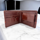 Men's Genuine Leather Two Tone Wallet with Coin Pocket - Cognac