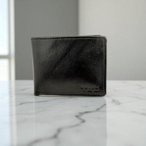 Men's Genuine Leather Bi Fold Wallet with ID Window - Black