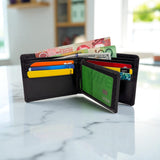 Men's Genuine Leather Bi Fold Wallet with ID Window - Black