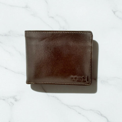Men's Genuine Leather Bi Fold Wallet with ID Window - Brown