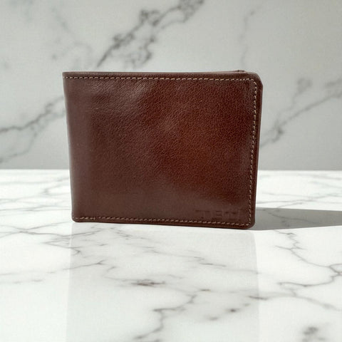 Men's Genuine Leather Bi Fold Wallet with ID Window - Cognac